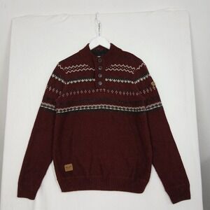 Point Zero Black Label Mens Small Burgundy Fair Isle Mock Neck Button Sweater